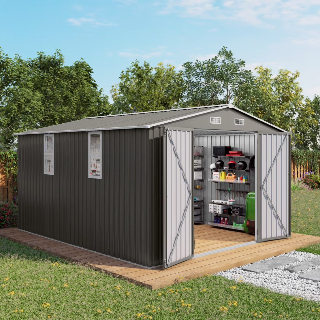 10 x 8 FT Outdoor Storage Shed, Large Metal Storage Shed, Lockable Door and Air Vent, Clear Window Garden Tool Shed for Bicycles, Tools, Lawnmowers, Backyards, Patios, Lawns - Gray