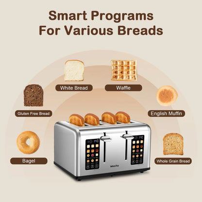 Mecity 4-Slice Touchscreen Toaster, Stainless Steel, 6 Browning Settings, Reheat, Cancel, Defrost, Removable Tray