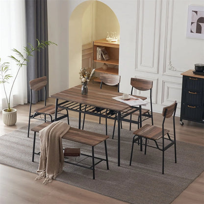 6-Piece Dining Table and Chair Set, Includes 1 Table, 1 Bench and 4 Chairs, Rectangular Kitchen Table and Armless Chairs, Compact Chairs with Curved Backrest for Dining Room