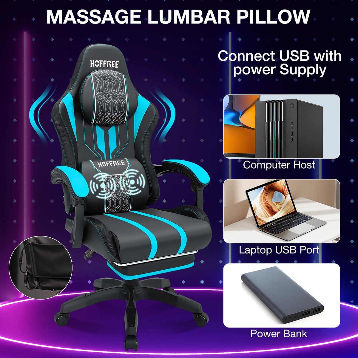 HOFFREE Big and Tall Gaming Chair with Speakers and RGB Lights, Gamer Chair with Footrest, Lumbar Support Height Adjustable 360-Swivel Seat and Headrest for Adults, 400lbs