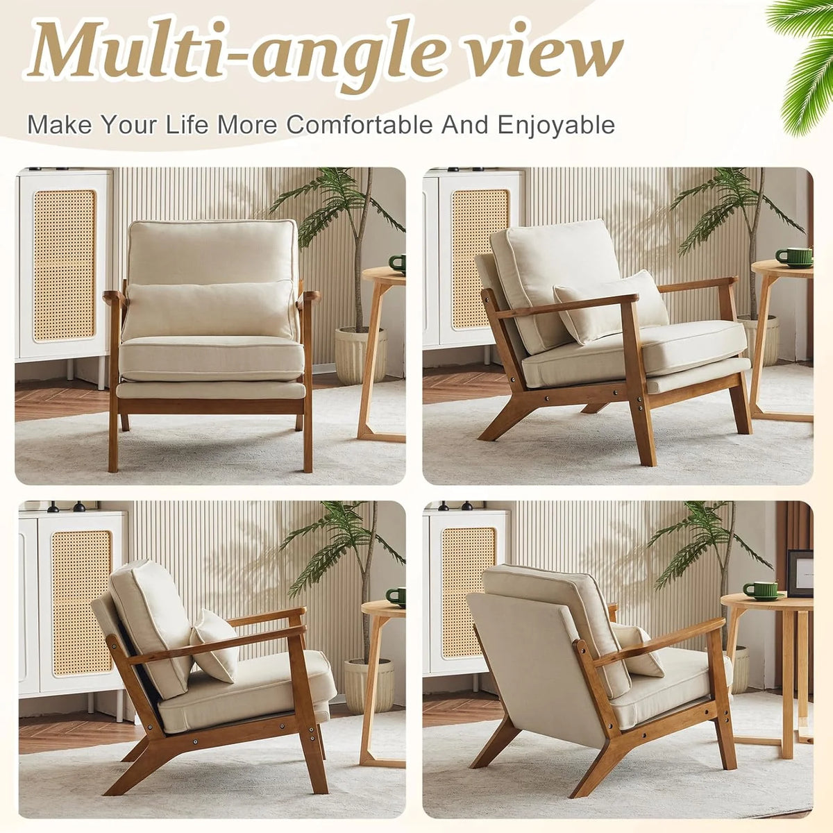 RWTFGV Solid Wood Wide Armrests Accent Chair,Upholstered Mid Century Modern Chair with Pillow,Comfy Reading Chair Farmhouse Arm Chair,Chairs Living Room,Bedroom,Guest Room,Linen Fabric,Beige
