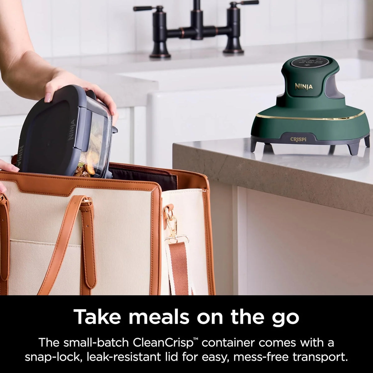 Ninja Crispi 5-in-1 Portable Glass Air Fryer Cooking System FN103BF, British Racing Green with Soft Gold Trim, 1500W, New