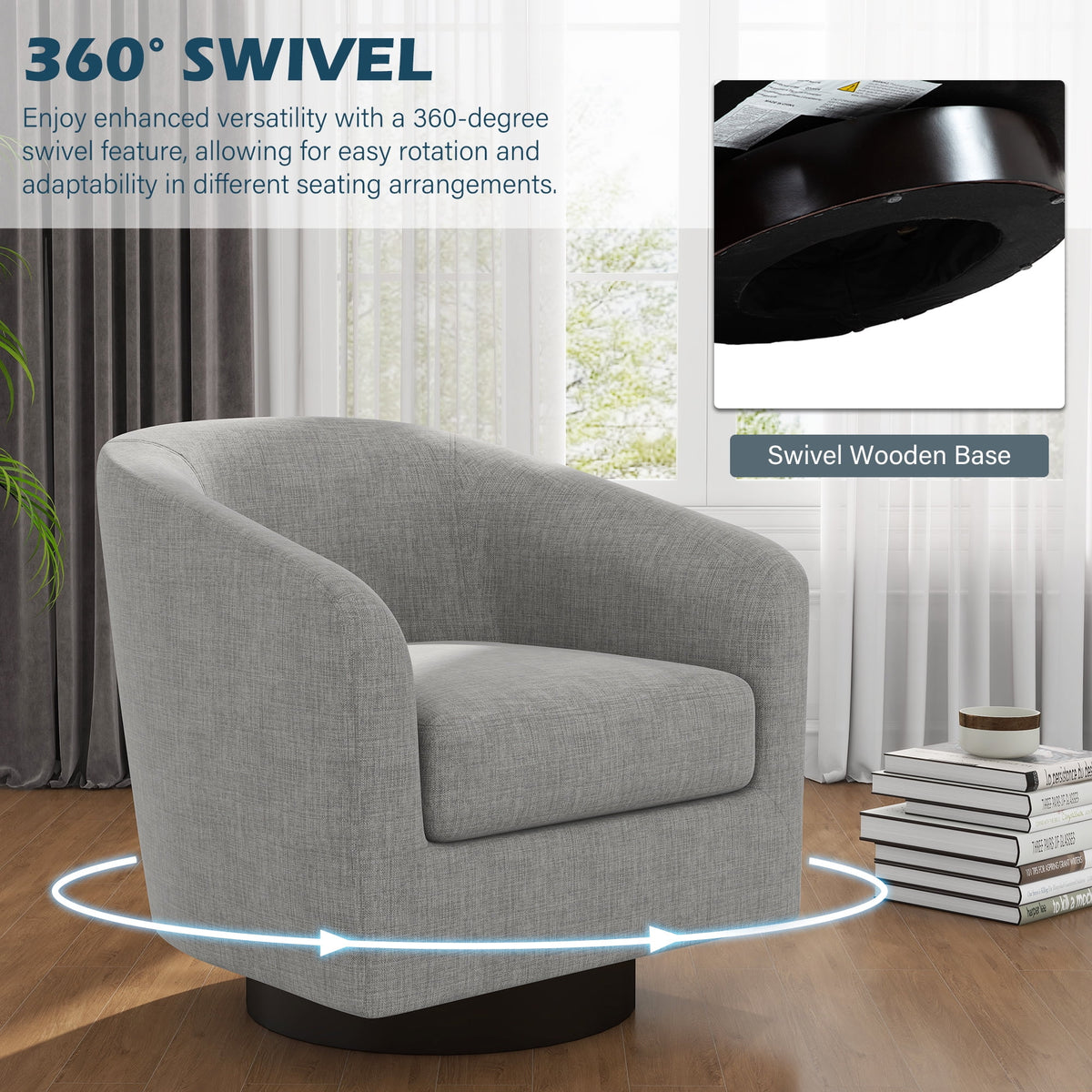 UIXE Swivel Accent Chair, Upholstered Fabric Barrel Chair for Living Room, Small Single Sofa Bedroom Reading Seat, Light Gray