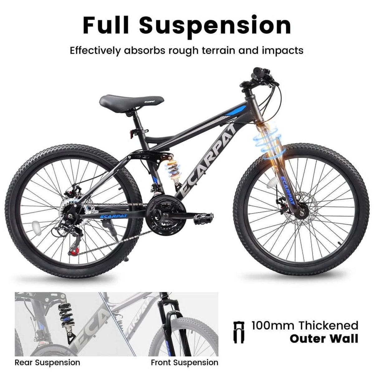 A2760 27.5 Inch Full Suspension Mountain Bike, Front and Rear Dual Shock Absorbers, Mechanical Disc Brakes, 21-Speed, Suitable for Men and Women, Ideal for Travel and Fitness Enthusiasts