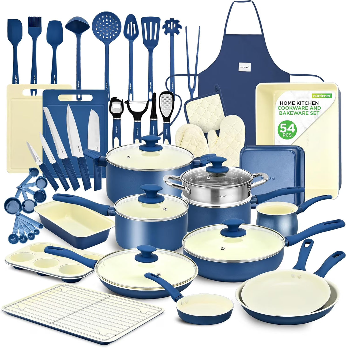 54-Piece Kitchen Cookware Set �C Complete Non-Stick Ceramic Pots and Pans Set with Utensils, Bakeware, and Knife Set, Gas, Electric & Induction Compatible, Blush Pink Kitchen Essentials