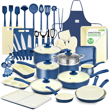 54-Piece Kitchen Cookware Set �C Complete Non-Stick Ceramic Pots and Pans Set with Utensils, Bakeware, and Knife Set, Gas, Electric & Induction Compatible, Blush Pink Kitchen Essentials