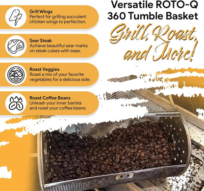 ROTO-Q 360 Cordless Rotisserie Kit w/Tumble Basket - Stainless Steel, Non-Electric - For Grills, Ovens, Smokers - Gas/Charcoal BBQ, Kamado Joe, Green Egg, Kettle - Indoor/Outdoor Use