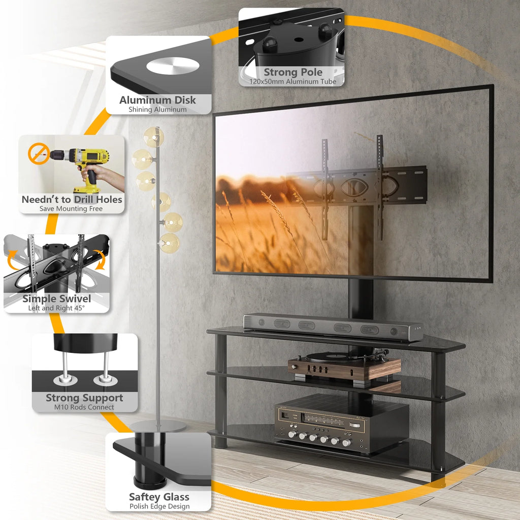 RTVR Modern 3 in 1 TV Stand with Mount for Flat Screens up to 65 inch, Black Glass Corner TV Stand for Bedroom