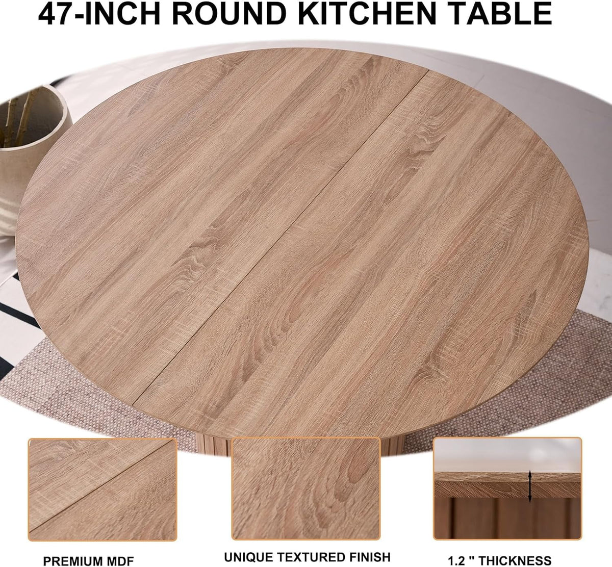 5 Piece Round Dining Table Set - Mid-Century 47 inch Oak Dining Table with 4 Brown Faux Leather Chairs Set, Dinner Table & Chair with Metal Legs for Kitchen Dining Room, Apartment, Bedroom