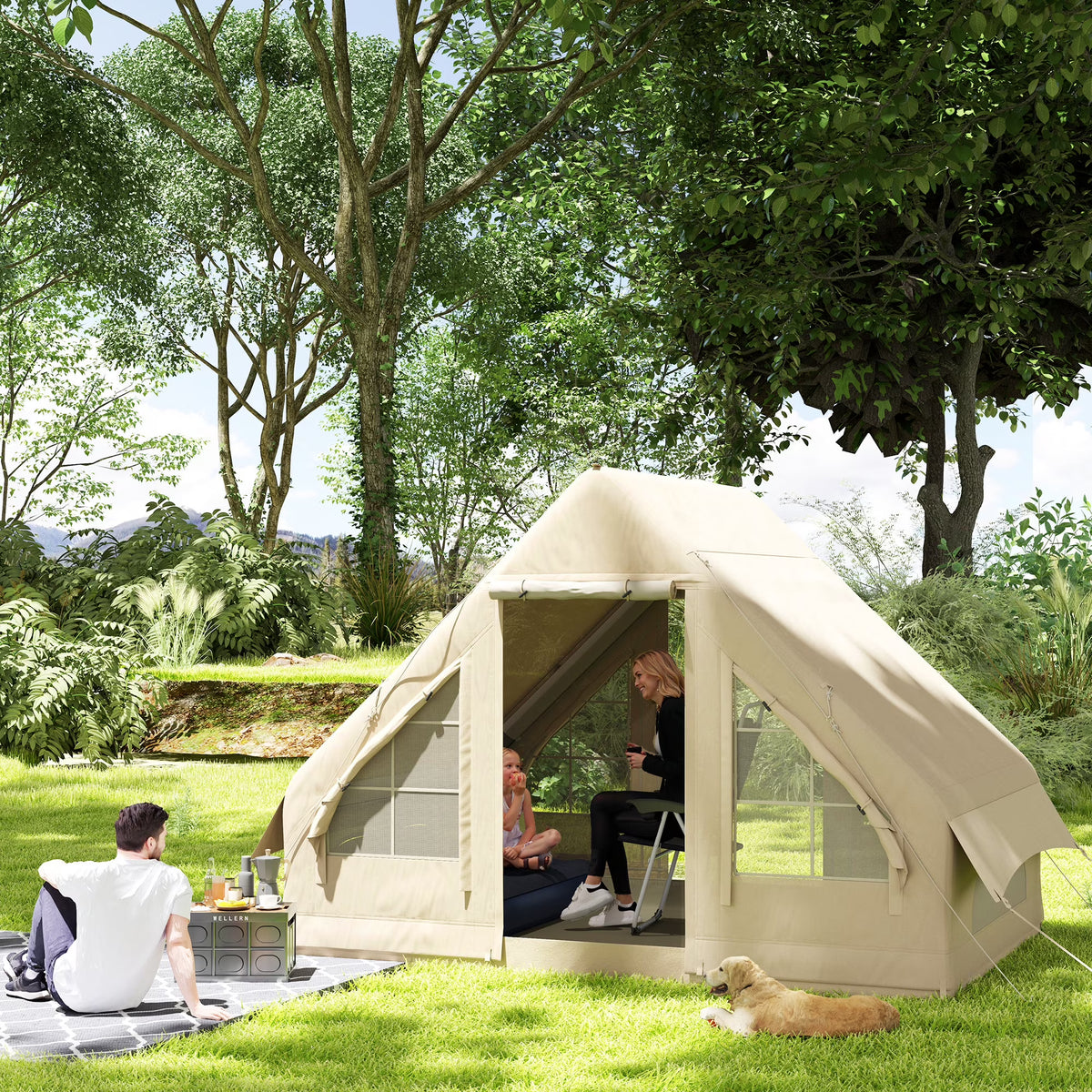 Outsunny Inflatable Camping Tent with Hand Pump, Easy Setup, 4 Season Blow Up Tent, with Mesh Windows and Doors
