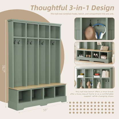 Euroco Farmhouse 59"W Wide Hall Tree with 8 Hooks, Practical Entryway Bench with Open Compartments, 76.7"H Modern 3-in-1 Wooden Style Coat and Shoe Rack for Mudroom, Living Room, Green