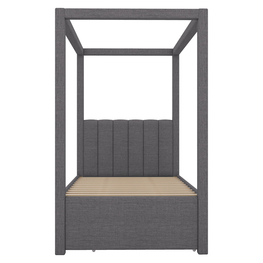 Harper & Bright Designs Twin Size Upholstery Canopy Platform Bed with Trundle and 3 Storage Drawers, Captain Platform Bed Frame with 4-Poster Canopy Roof, Beige