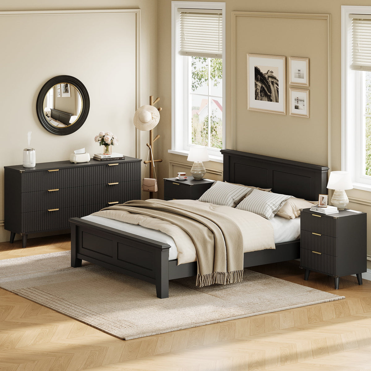 GIKPAL Bedroom Dresser and Nightstand 3 Piece Set - Includes Boho Double 6 Drawer Storage Dresser, Nightstand Set of 2 with Charging Station, Modern Bedroom Set, Natural