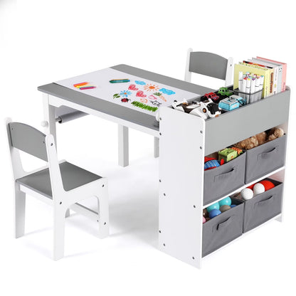 Pirecart Kids Art Table and 2 Chairs Toddler Craft Set Wooden Play Activity Drawing Table with 4 Storage Bins and Paper Roll