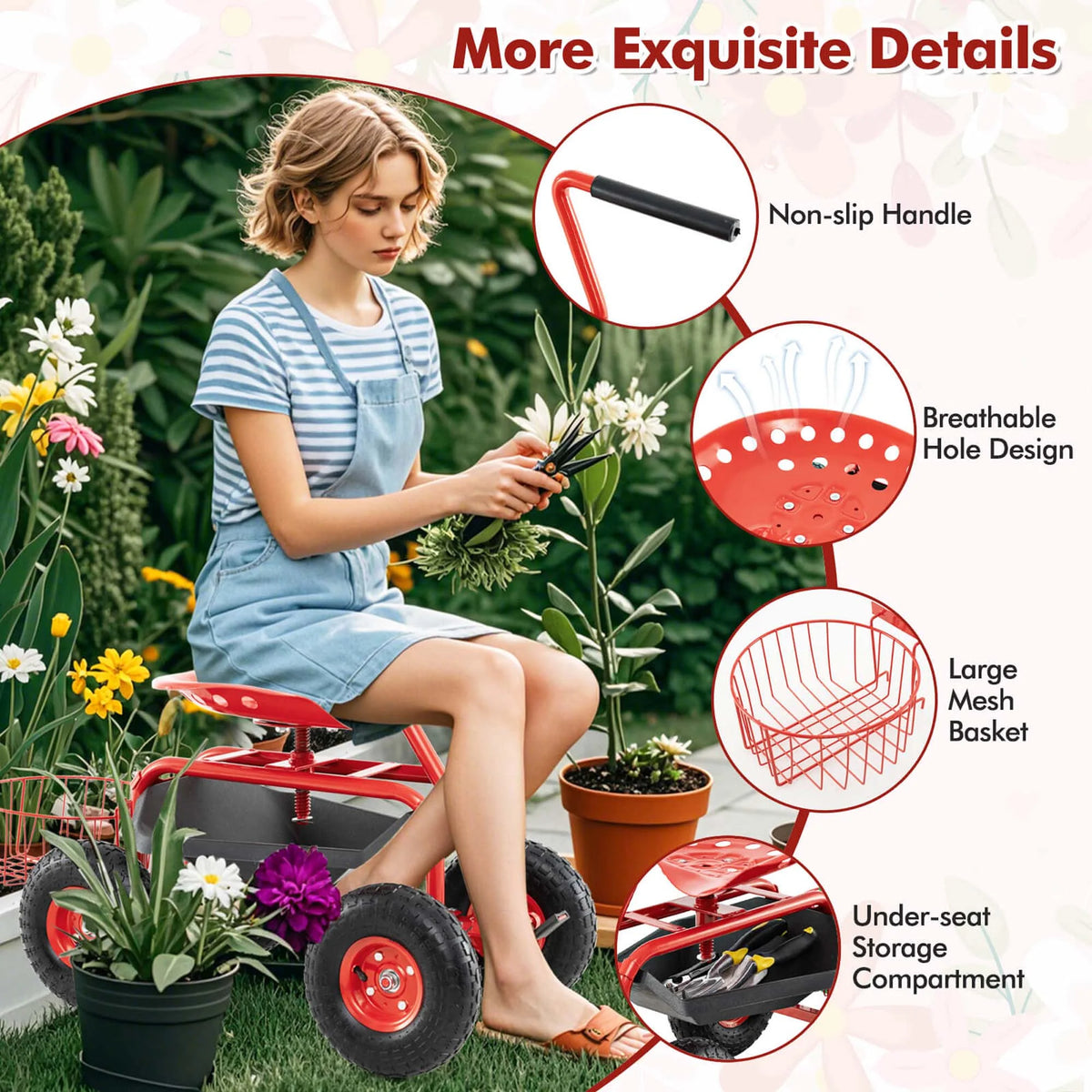 Costway Garden Cart Rolling Work Seat for Planting with Extendable Handle Green