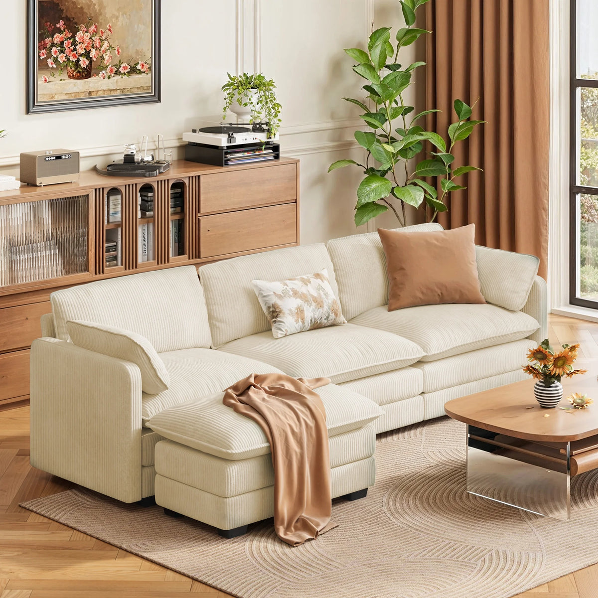 Lofka 110�� Modular Sectional Sofa Bed with Double Layer Cushions and Movable Ottoman, Modern Comfy Cloud Couch for Living Room, DIY Combination, Green