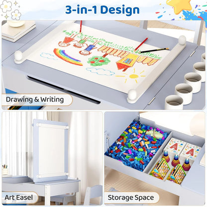 LAZY BUDDY Kids Art Table and 2 Chairs Set, 2 in 1 Easel & Toddler Craft Table and Chairs Set with Storage Bins, Paint Cups and Paper Roll, Activity Table Set for Children 3+
