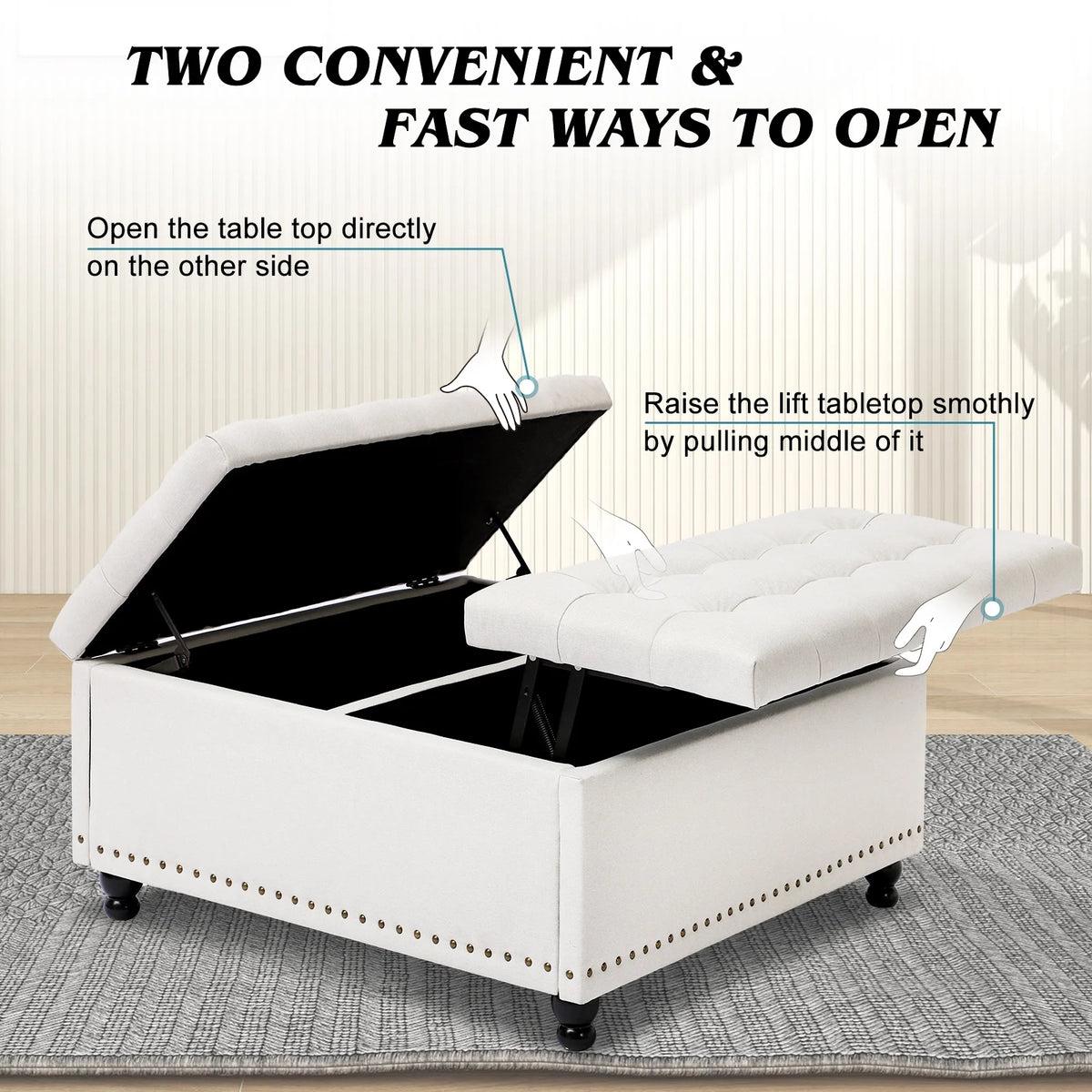 Magic Union 35" Large Square Storage Ottoman, Oversized Square Ottoman with Storage, Tufted Upholstered Ottoman Coffee Table with Lift Top for Living Room (Beige)