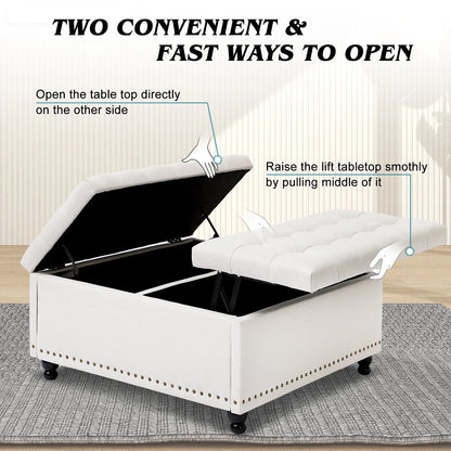Magic Union 35" Large Square Storage Ottoman, Oversized Square Ottoman with Storage, Tufted Upholstered Ottoman Coffee Table with Lift Top for Living Room (Beige)