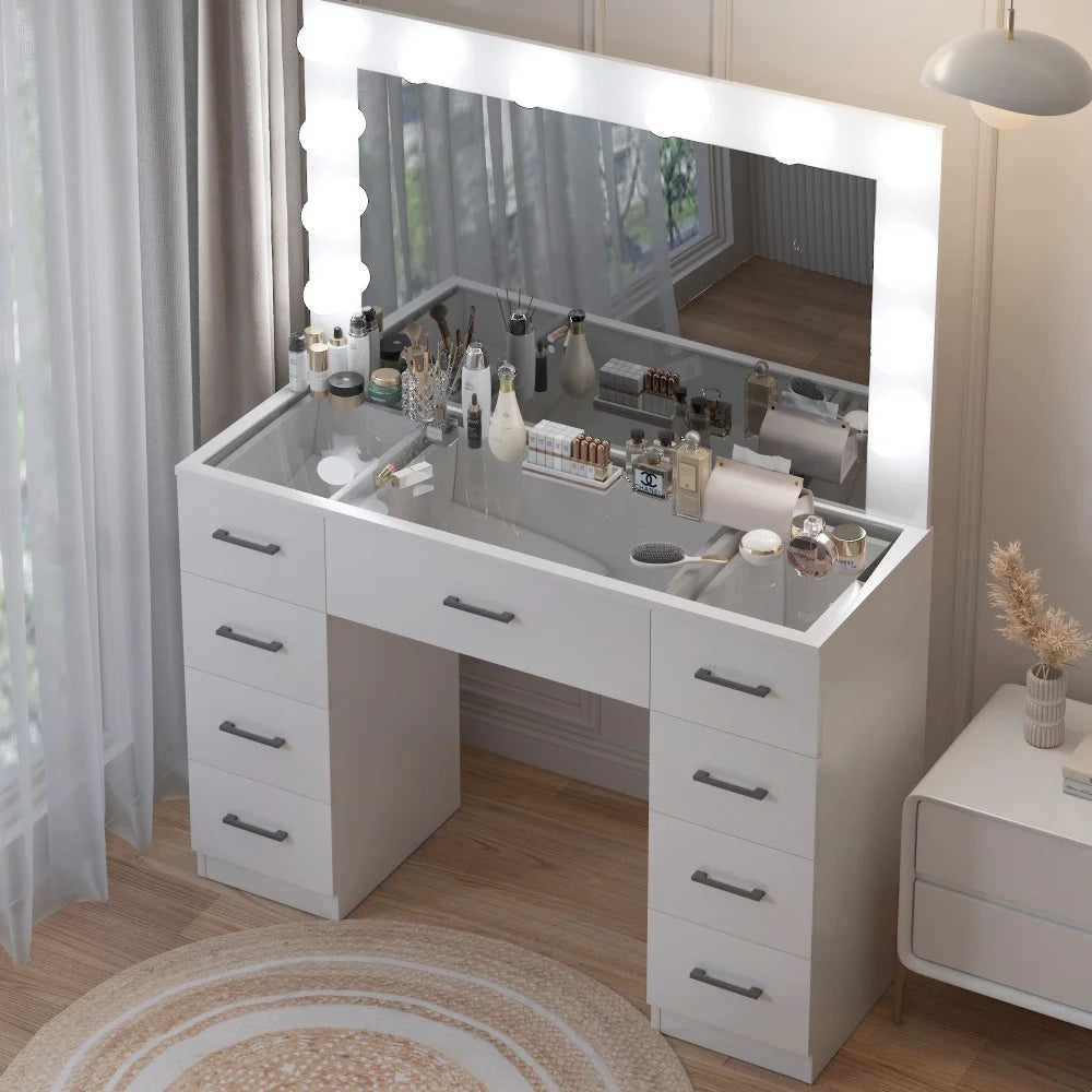 Ktaxon Large Makeup Vanity, Vanity Table Set w/ Visible Glass Top w/ Charging Station, White