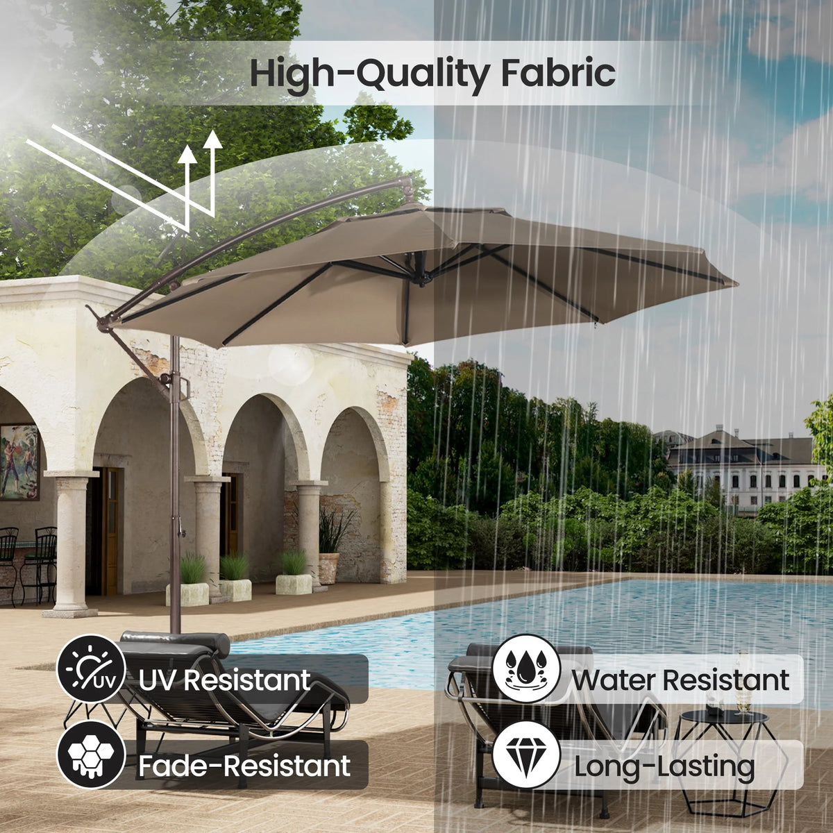 Mondawe 10ft Solar Lights Offset Cantilever Patio Umbrella - with Light, LED Lighted Offset Hanging Patio Outdoor Market Umbrella UPF50+ UV Protection with Crank,Navy Blue