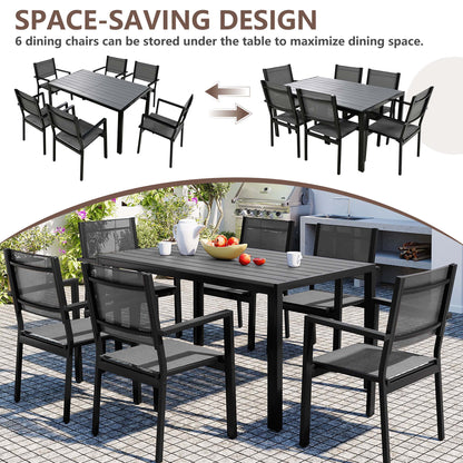 7 Piece Outdoor Dining Set, Patio Dining Table Set for 6 Persons, Garden Patio Textilene Dining Furniture Set with Plastic-Wood Tabletop, Dining Table Chairs Conversation Set for Deck Patio