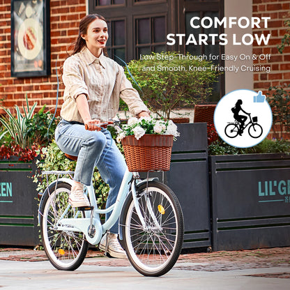 Viribus Women's Comfort Bike 24 inch Beach & City Cruiser Bicycle with Basket Rack White
