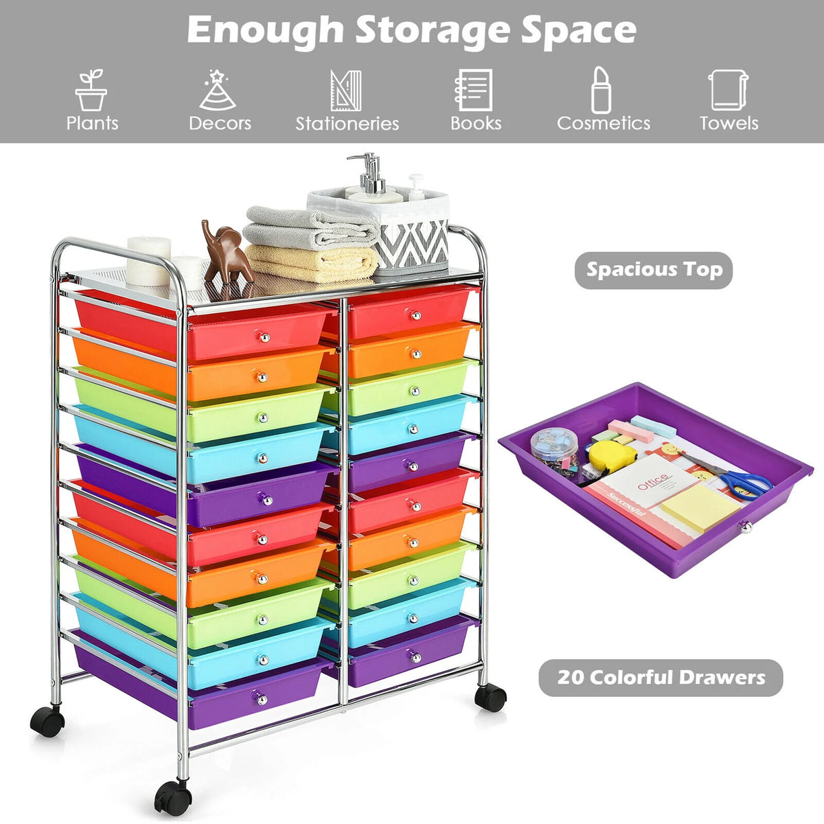 Gymax Office Rolling Cart 20 Storage Drawers Scrapbook Paper Studio Organizer Mutlicolor