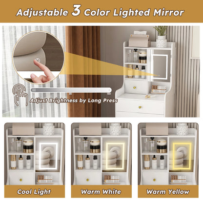 Montary Modern Mini Vanity w/Adjustable LED Mirror + Hidden Storage, Padded Stool & Dustproof Shelves (White)