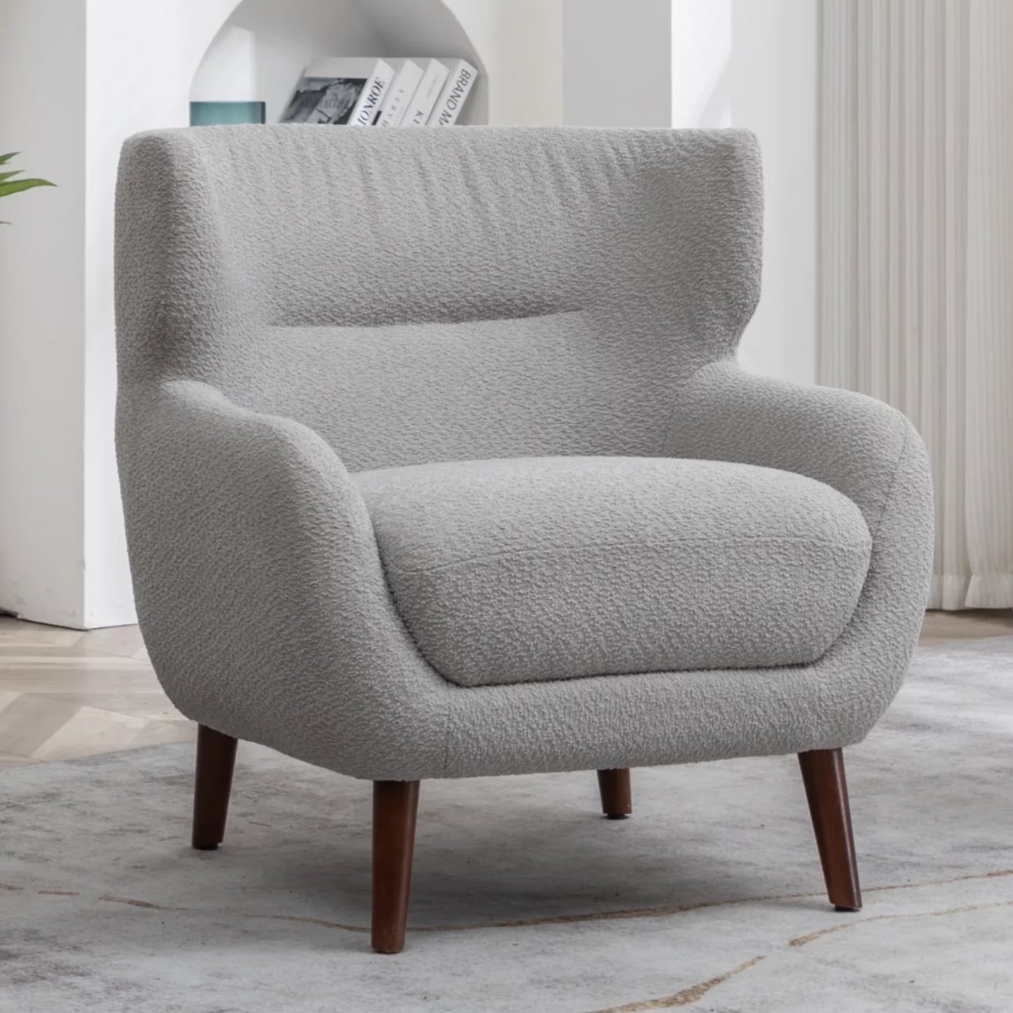 ALEAVIC White Accent Chair Upholstered Armchair with Solid Wood Legs
