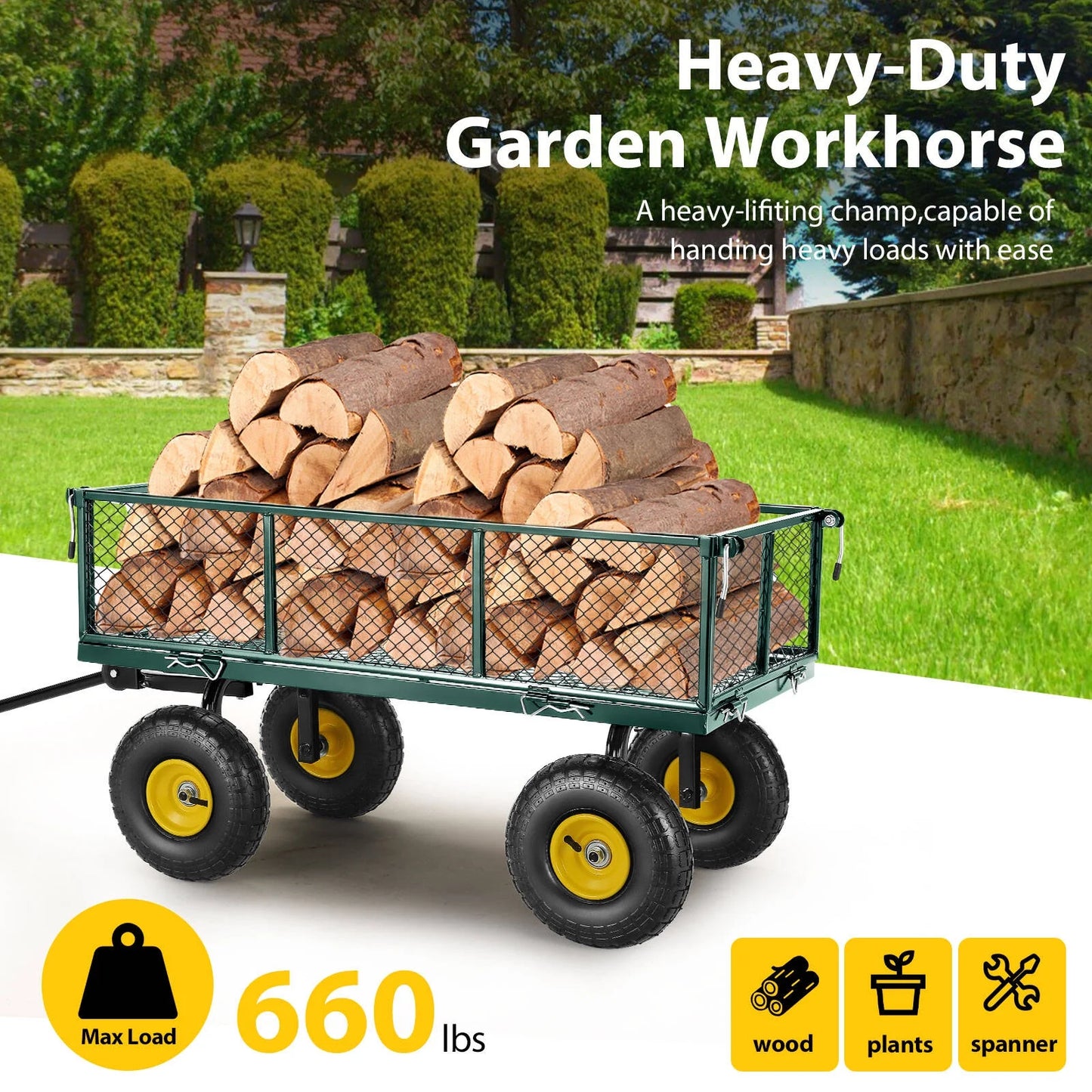 Farmdex Steel Mesh Garden Cart with 10" Tires Wagon Cart Newest Garden Utility Carts Heavy Duty 660LBS Capacity Folding Utility Wagon with Removable Sides, Garden Wagon for Yard