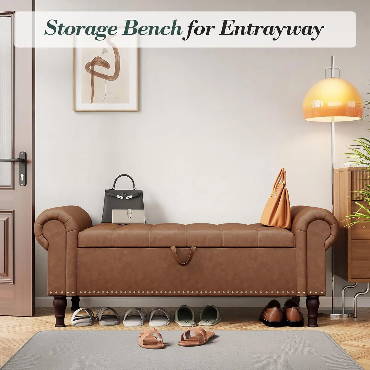 YOUDENOVA Storage Ottoman Bench for Bedroom 51" Queen Leather Storage Bench with Button, Upholstered Bedroom Bench with Rolled Arms for Living Room, Storage Room, Entryway, Gray
