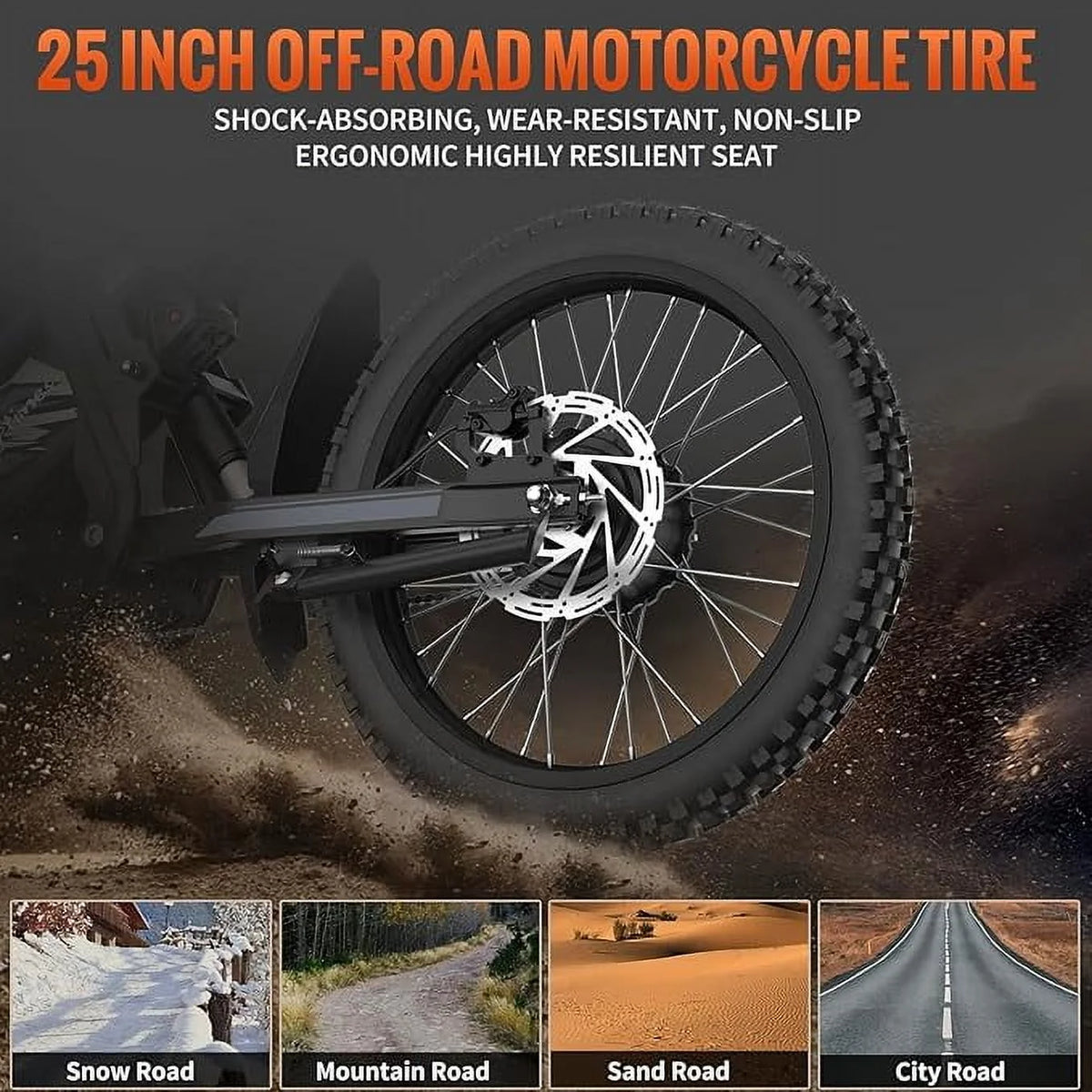 2000W Electric Dirt Bike for Adults Ridingtimes GT73 UL2849,Brushless Hub Motor,18.2AH*2 Electric Bike with 25\" tires digital screen Carbon Steel,Black