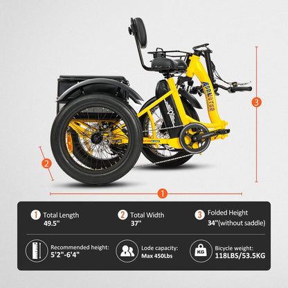 Addmotor Electric Trike, 750W Foldable Electric Tricycle, Folding Electric Trike for Adults,48V 20Ah Removable Battery,20" Fat Tire Electric Trikes with Rear Speed Differential,M-330F Yellow