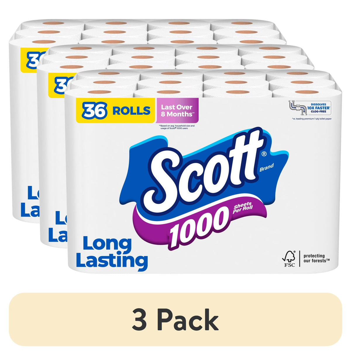 (3 pack) Scott 1000 Toilet Paper, 36 Rolls, 1,000 Sheets per Roll