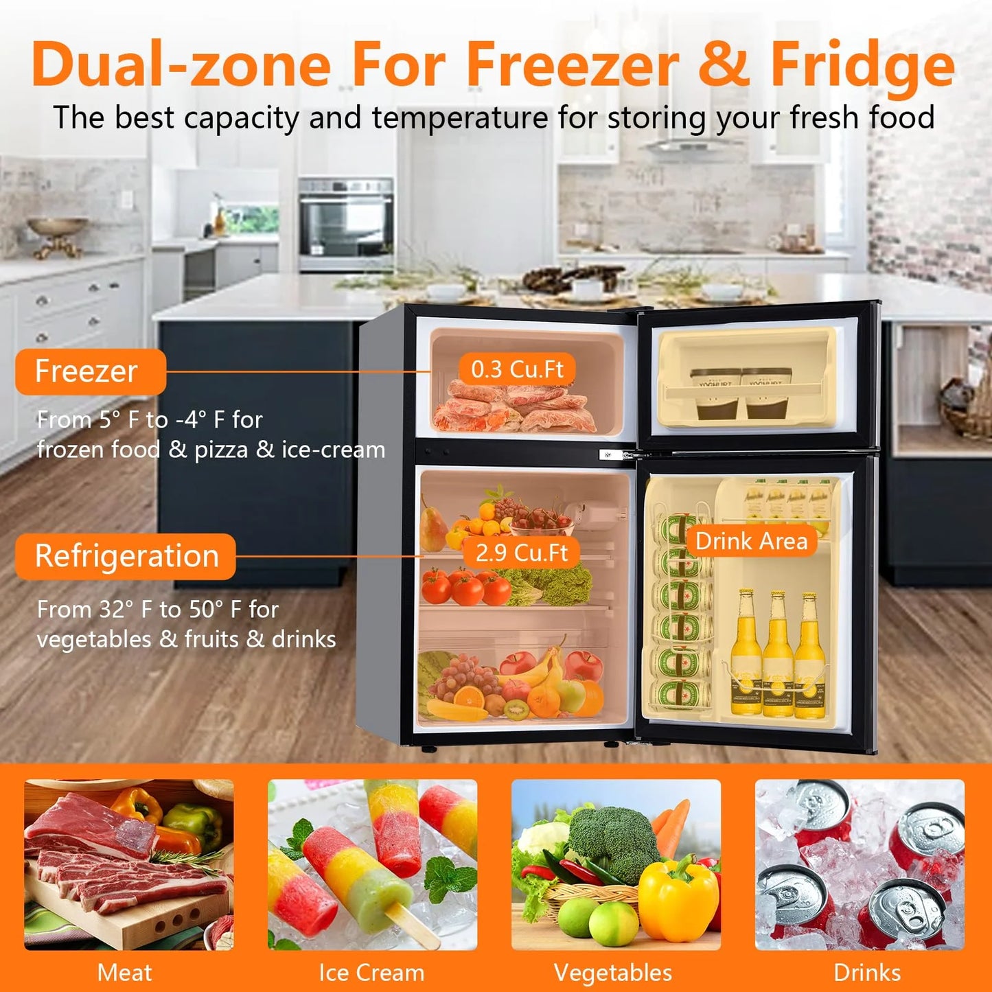 3.2 Cu. Ft Mini Fridge with Freezer, Small Refrigerators Double Door Stainless Steel, 5 Adjustable Thermostat Settings, Compact Internal Freezer with Crisper Drawer for Apartment Dorm, Silver
