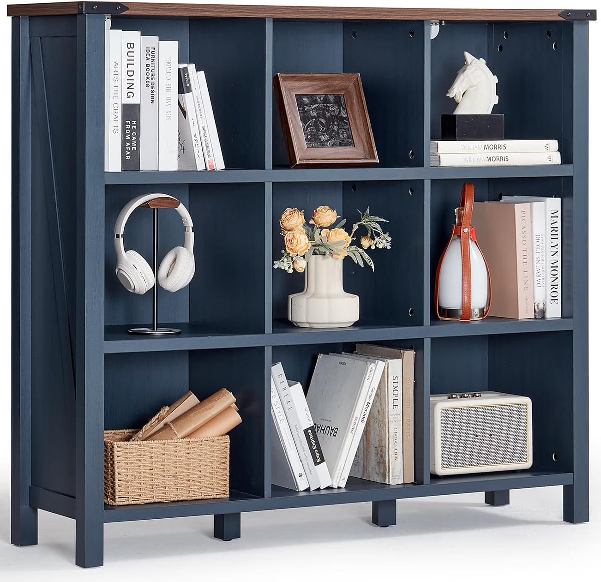 9 Cube Bookcase, Farmhouse 47 Inch Wide Navy Blue Bookshelf, Wooden 3 Tier Display Large Open Book Shelf, Vintage Horizontal Book Case for Home Office, Cubby Storage Cabinet for Living Room