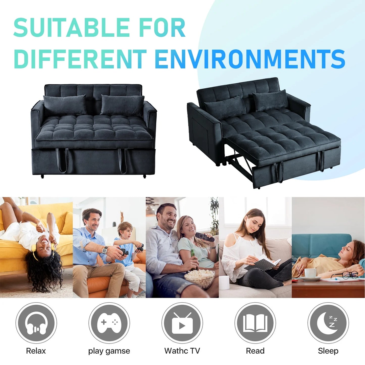 3 in 1 Convertible Sleeper Sofa Bed, Futon Couches for Living Room with Side Pocket | Adjustable Backrest| Velvet Fabric | Pull Out Couch | Love-seat sofa| Sectional Sofa Bed| 2-seat sofa bed