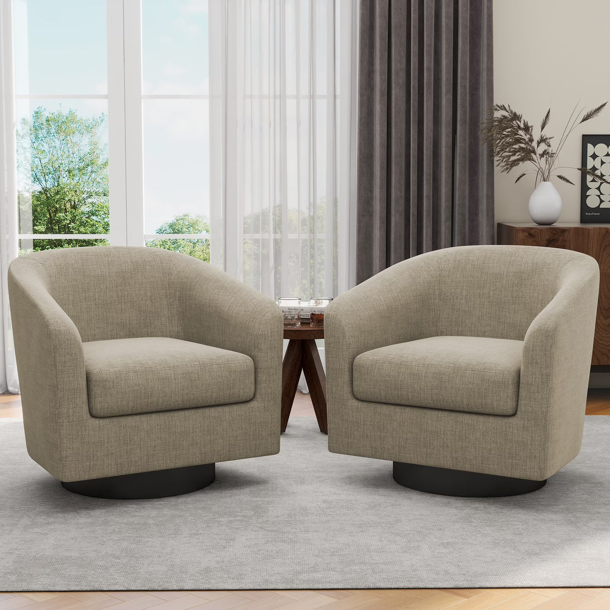 UIXE Swivel Accent Chair, Upholstered Fabric Barrel Chair for Living Room, Small Single Sofa Bedroom Reading Seat, Light Gray