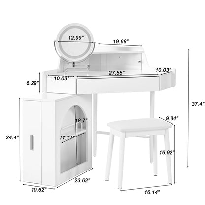 MODERNLUXE Corner Makeup Vanity Desk with Folding Mirror and Lights,Modern Vanity Set with 1 Stool,2 Drawers and 3 Shelves for Bedroom,Women, and Girls,Walnut