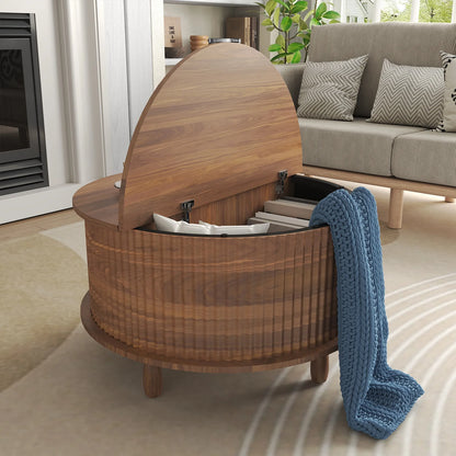RUMLIVE Round Coffee Table with Storage, 30.7" Modern Coffee Table with 360�� Curved Sliding Door, Fluted Wood Coffee Table with Footpads, Round Center Table for Living Room, Black