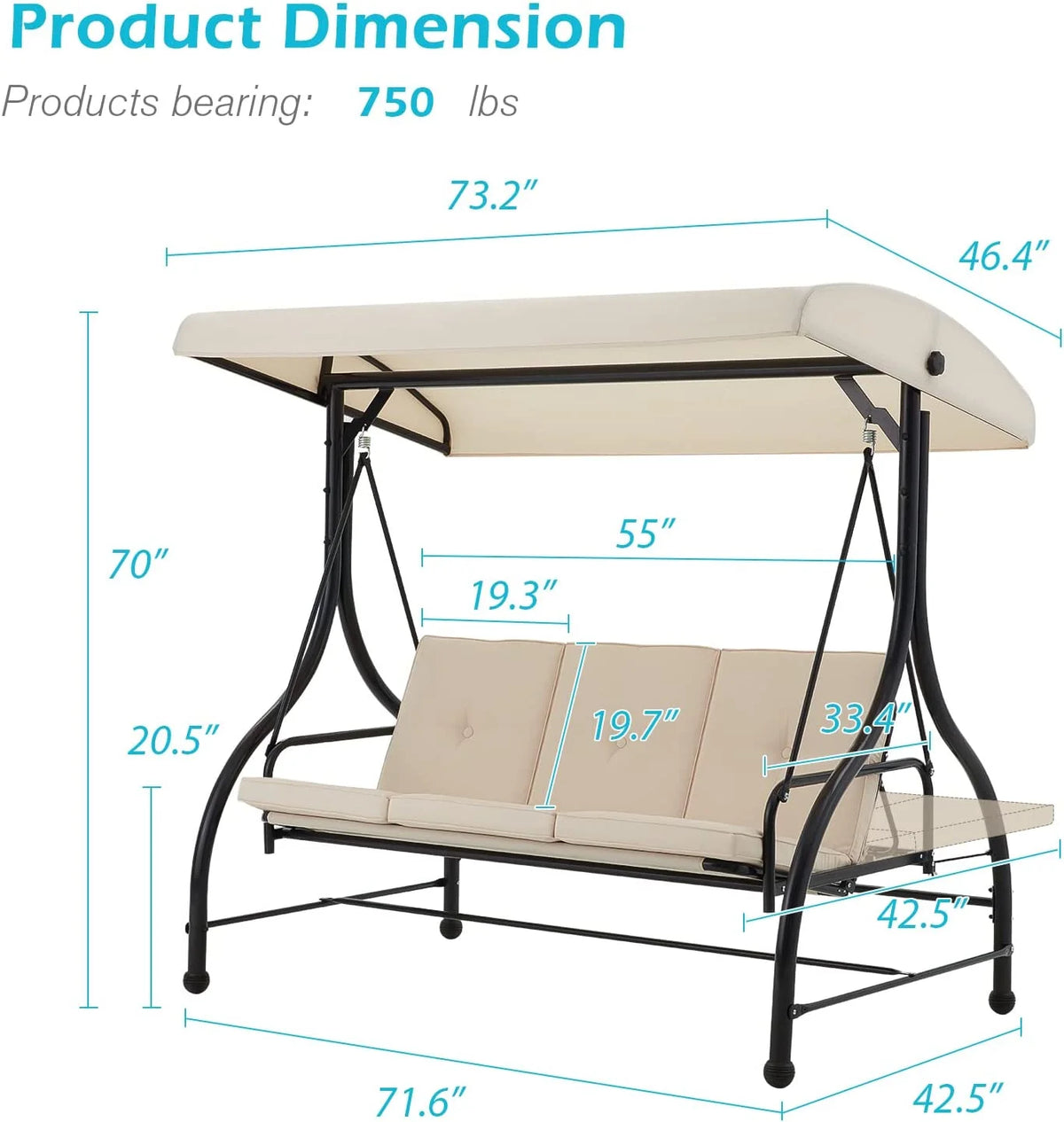 AECOJOY 3 Person Canopy Steel Porch Swing, Converting Swing Glider Hammock-Beige