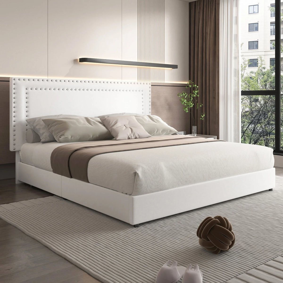 VECELO Full Bed Frame with 4 Storage Drawers (Wheeled) and Tufted Upholstered Adjustable Headboard Platform Bed, Beige