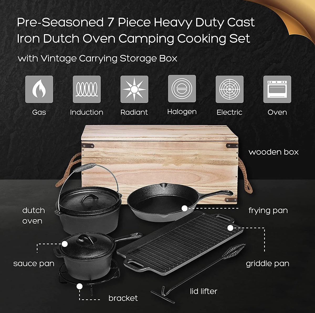 Bruntmor Camping Cooking Set Of 7 - Pre Seasoned Cast Iron Pots, Pans, and Dutch Ovens with Lids for Outdoor Campfire Cooking - Skillet Grill Cookware Set with Storage Box