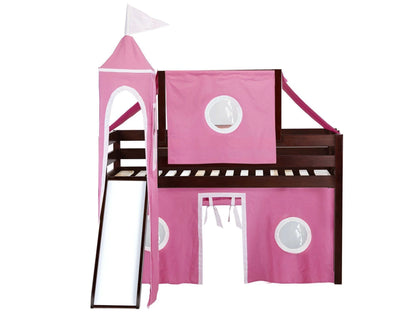 JACKPOT! Castle Low Loft Bed with Slide, Red Yellow and Blue Tent and Tower, Twin, Cherry