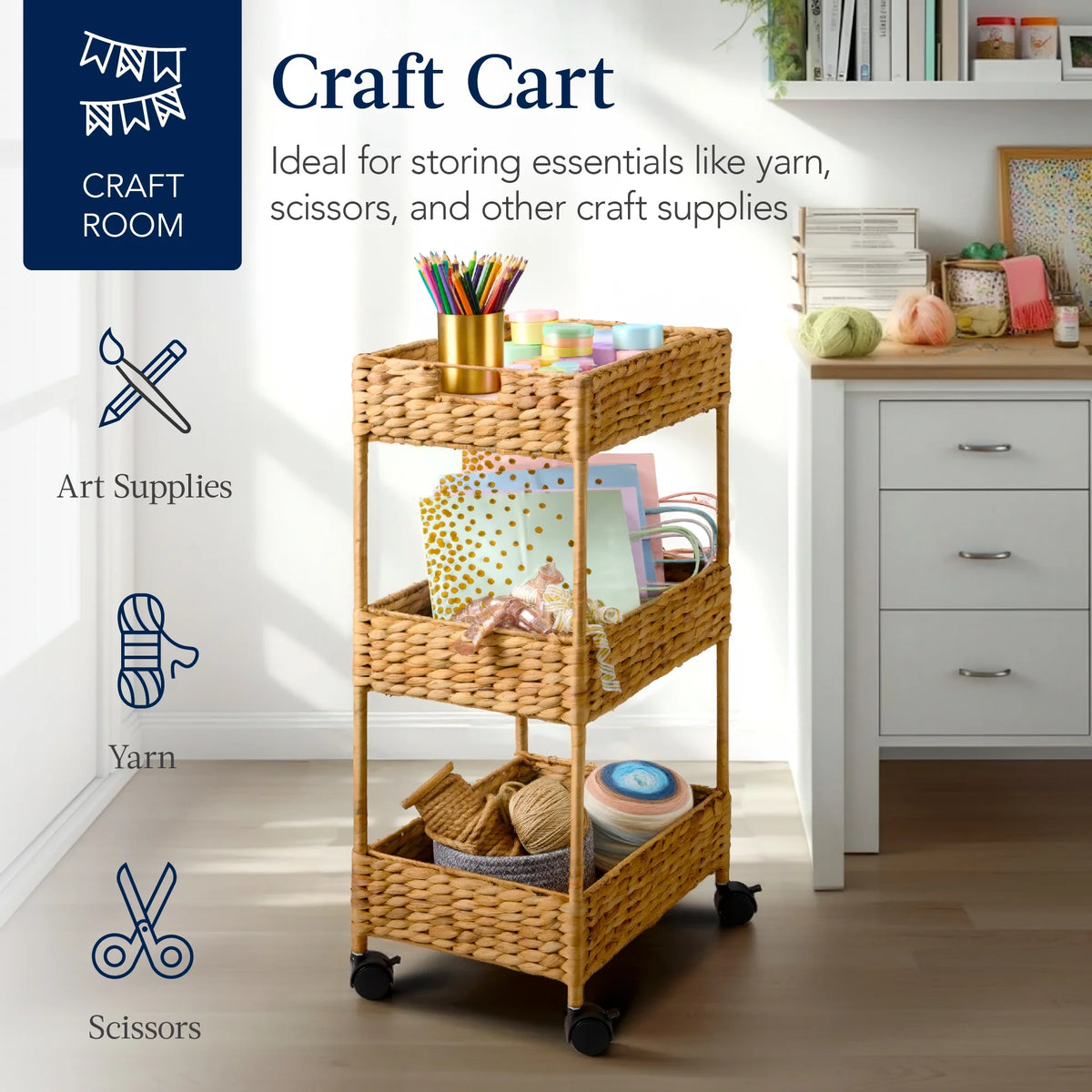 Best Choice Products 3-Tier Water Hyacinth Rolling Nursery Caddy w/ Wheels, Utility Cart, Storage Organization - Natural
