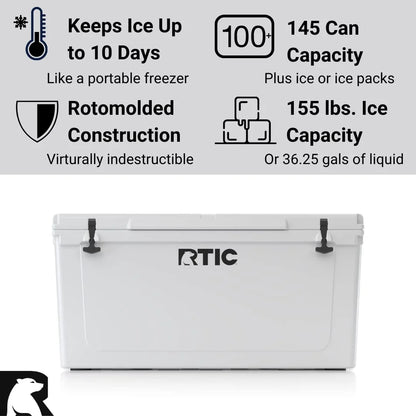 RTIC 145 QT Ultra-Tough Rotomolded Hard-Sided Ice Chest Cooler, White, Fits 195 Cans