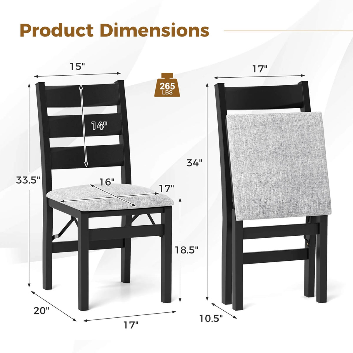 Costway Folding Chairs Set of 2 Modern Upholstered Chairs with Comfy Backrest & Padded Seat