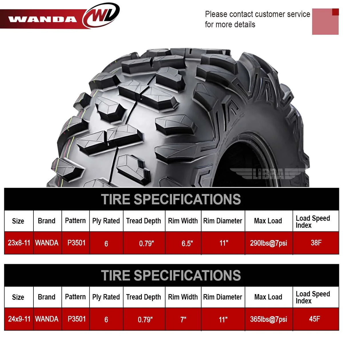 WANDA UTV ATV Tires 23x8-11 Front & 24x9-11 Rear /4PR Ultra Deep Self-cleaning Tread, Set 4