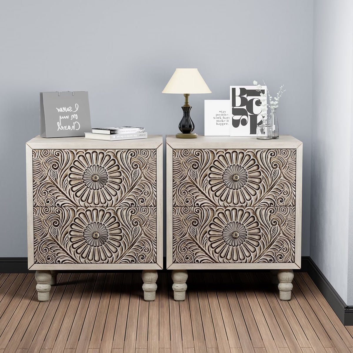 FOROUTIA Wooden Nightstand with 2 Drawers,Vintage MDF Bedside Tables with Storage